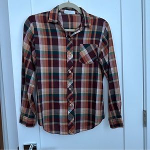 Vintage brown, tan, green plaid button down blouse
